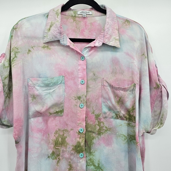 White Birch Tiedye Short Sleeve Button Down Flowy Breathable Blouse Womens Xl - Picture 2 of 6
